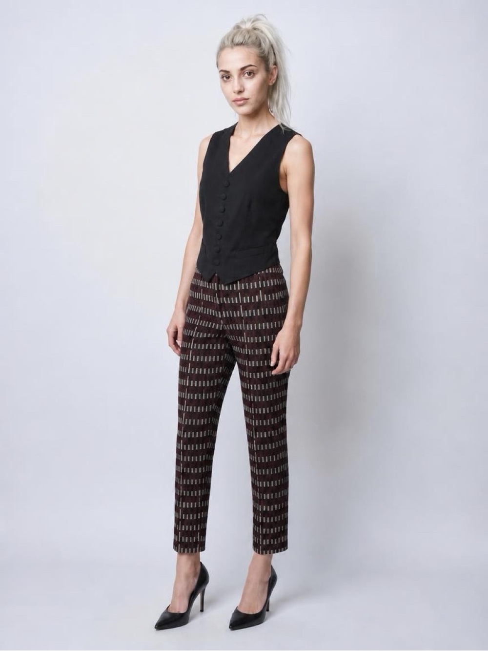Jean Paul Gaultier Femme Button Vest w/ crystals, blk, stripe lining, FR34/4 EUC